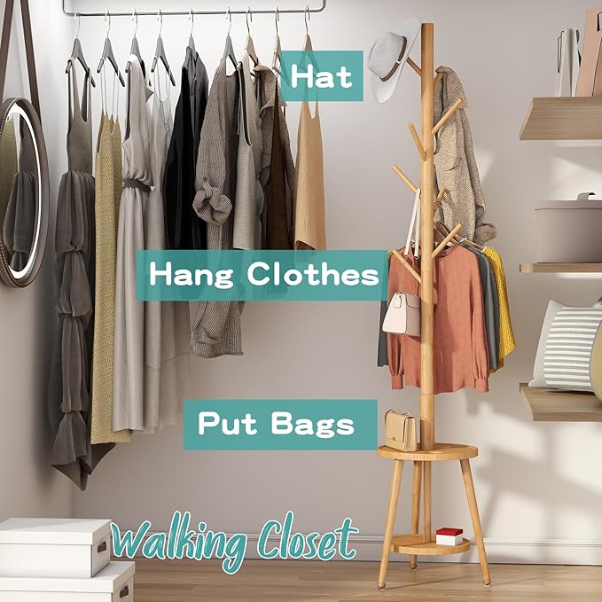 Coat Rack, Bamboo Wood Coat Freestanding with Umbrella Holder, Adjustable Height Coat Stand with 8 Hooks, kids coat rack, Used In The Bedroom Living Room, Office To Hang Clothes, Hats, Bags (Natural)