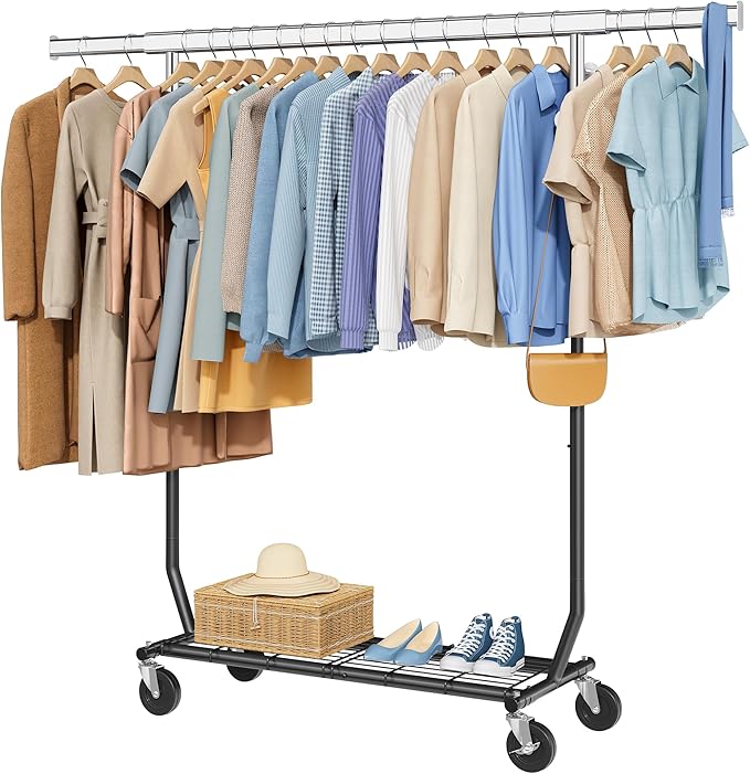Tajsoon Clothes Rack Heavy Duty Load 350 LBS, 73.8' Extendable & Adjustable Foldable Clothing Rack for Hanging Clothes, Garment Rack with Lockable Wheels for Bedroom, Laundry Room, Black
