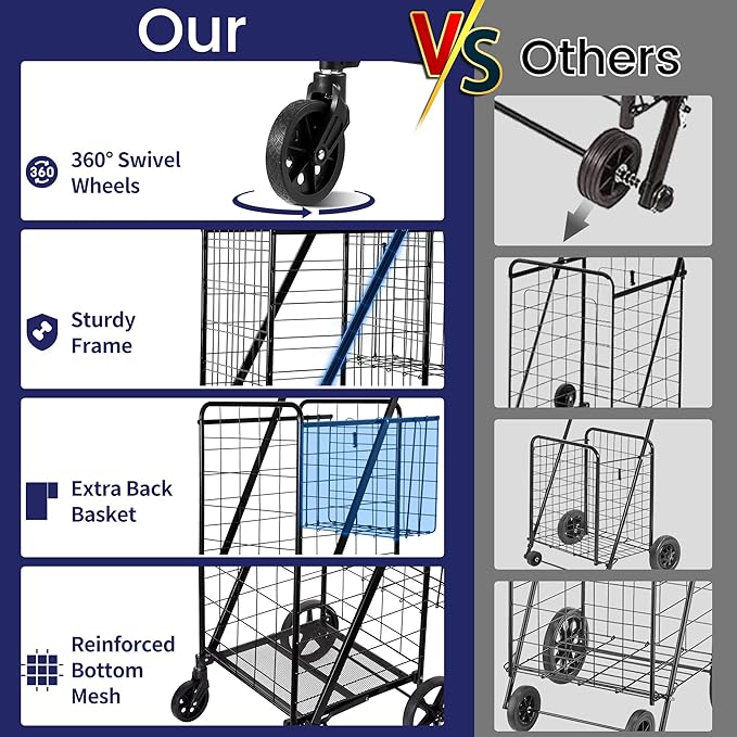 Folding Shopping Cart, Grocery Cart, 450 Lb Capacity, Utility Cart with 360° Rolling Swivel Wheels, Extra Large & Extra Basket