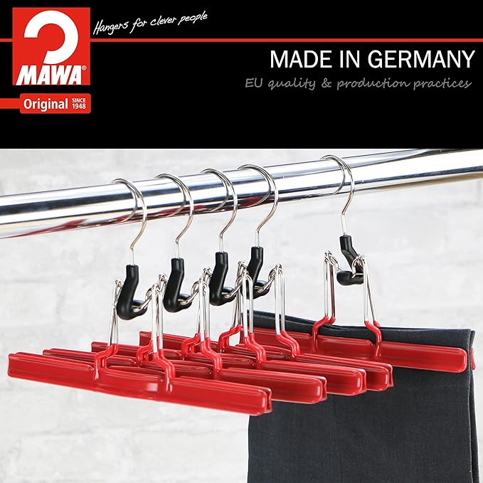 Mawa by Reston Lloyd Non-Slip Space-Saving Clothes Hanger with Clamp for Pants and Skirts, Style M/26, Set of 6, Red