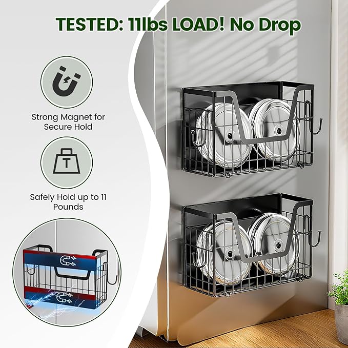 2 Pack Heavy Duty No Assembly Magnetic Basket, Large Capacity Collapsible Black Metal Wire Magnetic Shelf for Fridge Fruit Potato, Magnetic Laundry Organizer with S Hooks
