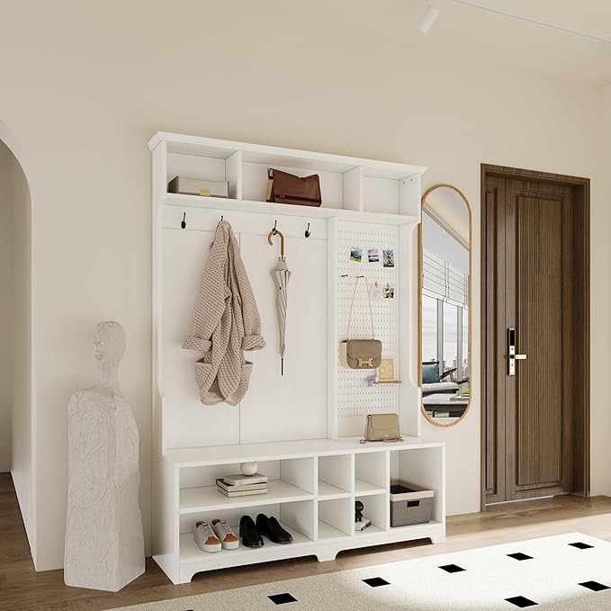 4-in-1 Wide Hall Tree with Shoe Bench, Coat Rack, Shoe Storage, Storage Shelves and Pegboard, Wood Entryway Coat Hanger for Hallways Halls Living Room (White-757)