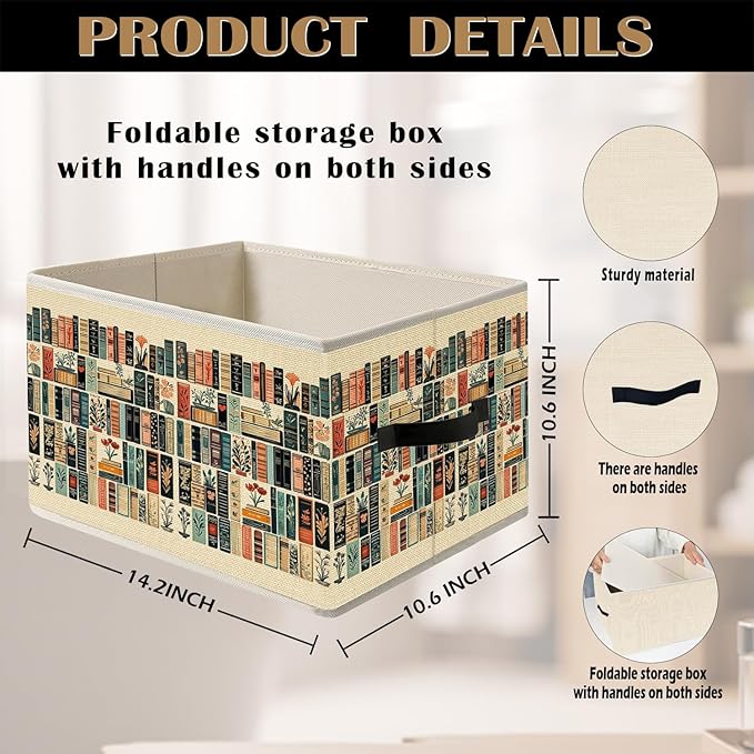 Vintage Book Lovers Storage Bin Box with Handles, Retro Bookish Foldable Organizer Basket Toybox for Reading Corner Room Library Bedroom Bathroom Home Clothes Toys Books