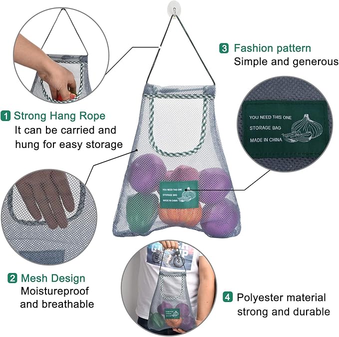 3PCS Reusable Mesh Bag, Portable Produce Bags, Washable Hanging Storage Bags, Organizer Shopping Handbag for Fruit, Garlics, Onions, Potatoes