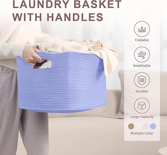 45L Small Baby Girls Laundry Basket for Nursery Storage,Cute Woven cotton Rope Baskets for Kids Toy，Gifts, Boho Square Wicker Blanket hamper for Living Room,Bedroom Dirty Clothes,Blue Purple