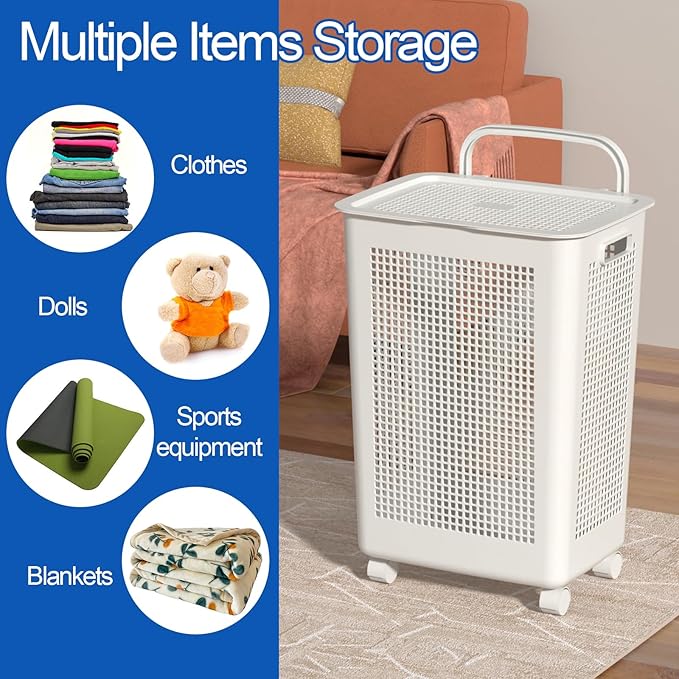 4 Packs 65 Liters Laundry Hamper Baskets with Lids and Wheels, Large Plastic Clothes Baskets