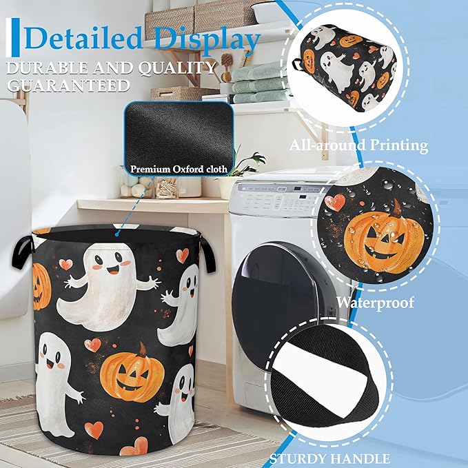 Halloween Ghost Pumpkin Laundry Basket Collapsible Laundry Hamper Clothes Toy Storage Bin for Bathroom Bedroom Room Decor 16" X 20.8"