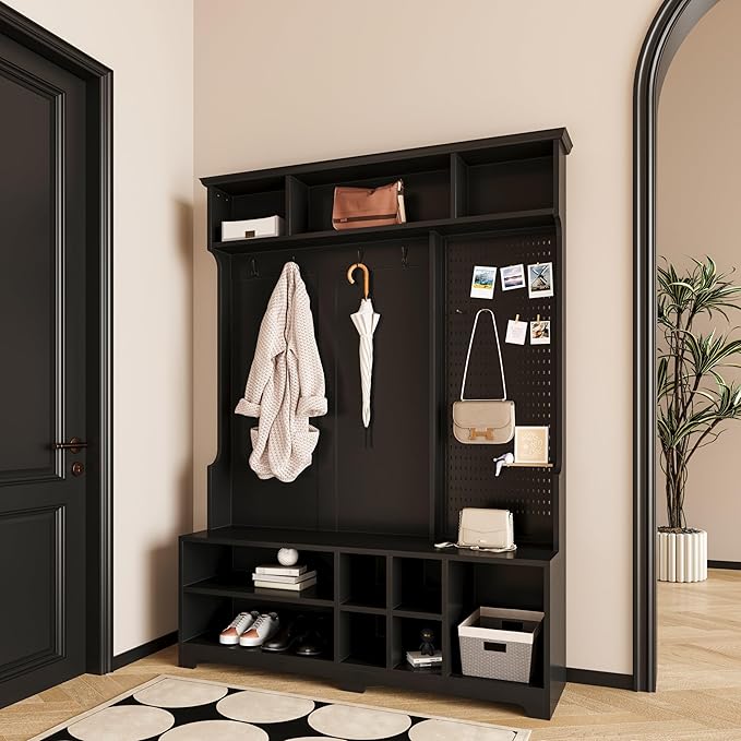 4-in-1 Wide Hall Tree with Shoe Bench, Coat Rack, Shoe Storage, Storage Shelves and Pegboard, Wood Entryway Coat Hanger for Hallways Halls Living Room (Black-757)