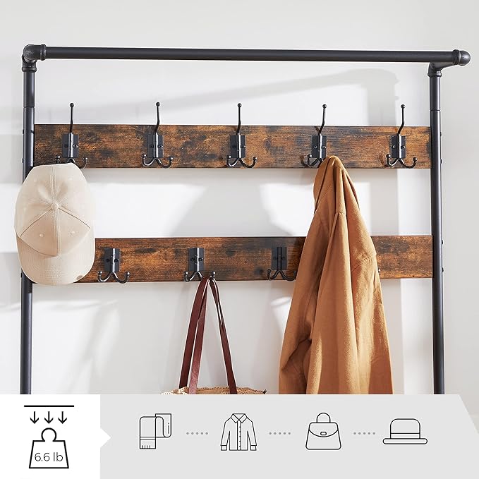 VASAGLE DAINTREE 3-in-1 Entryway Coat Rack and Storage Bench, Pipe Style Hall Tree with 9 Hooks, Multifunctional, Sturdy Steel Frame, Large Size, Industrial, Rustic Brown and Black UHSR47BX