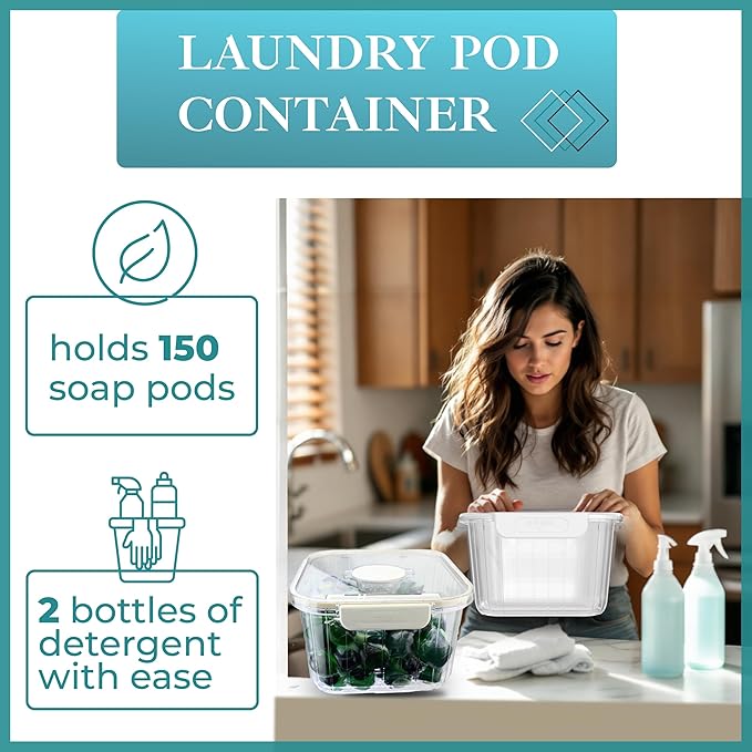 Skywin TidyFriend Laundry Pods Container with Lift Up Lid, 17.2" x 17.2" x 13", Airtight Storage Keeps Pods Fresh, Laundry Detergent Container & Dishwasher Pod Holder (Clear)