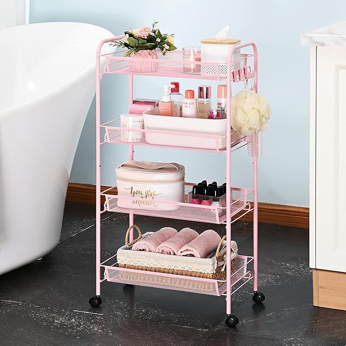 TOOLF 4 Tier Rolling Utility Cart - Durable Metal Design Pink Utility Cart, Storage Trolley on Wheels with 3 Hooks, Perfect for Kitchen, Bathroom & Laundry Room Organization