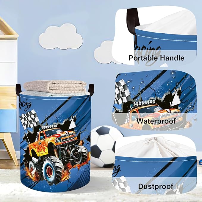 Racing Car Baby Laundry Hamper with Handle Clothes Kids Storage Basket Collapsible Boys Gift Toy Box Bin for Nursery Room, Blue, 63L