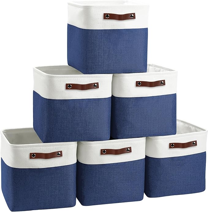 Cube Storage Baskets 6 Pack, 11x11 inch Cube Storage Bins with Leather Handles for Shelf Closet (White/ Blue)