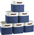 Cube Storage Baskets 6 Pack, 11x11 inch Cube Storage Bins with Leather Handles for Shelf Closet (White/ Blue)