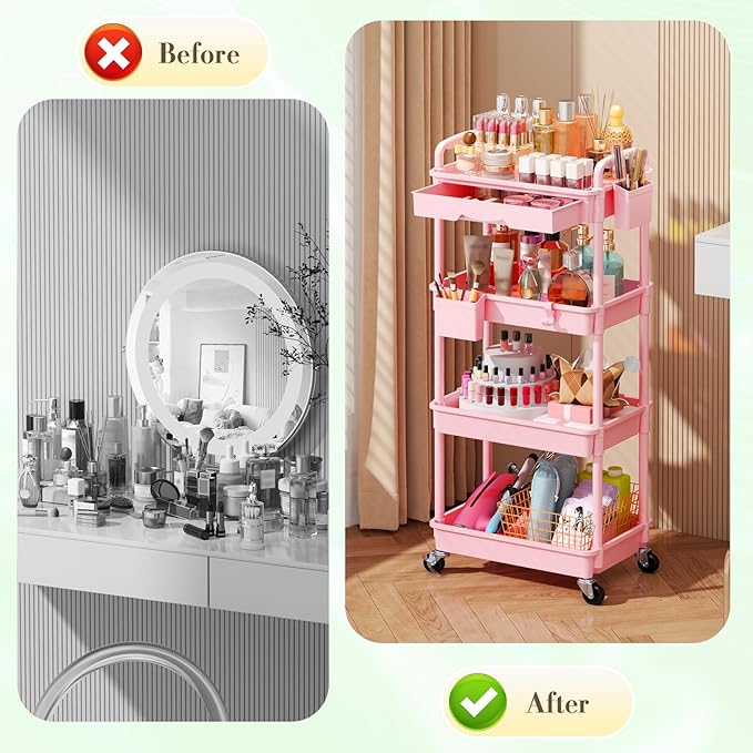 Makeup Cart Organizer with Drawers, 4 Tier Floor Skincare Organizers for Vanity, Rolling Makeup Bathroom Storage Cart Cosmetics Display Cases for Skin Care Perfume Nail Polish, Pink