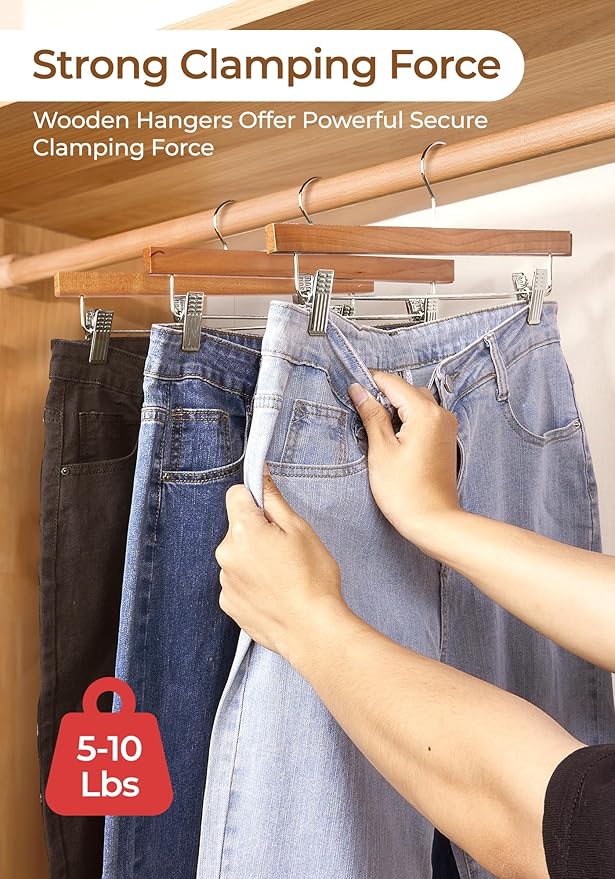 SMARTOR Natural Wooden Pants Hangers 10 Pack, Heavy Duty Wood Skirt Hangers with 2-Adjustable Clips and 360° Swivel Hook, Space Saving Clip Hanger for Shorts, Slacks, Jeans, Trousers