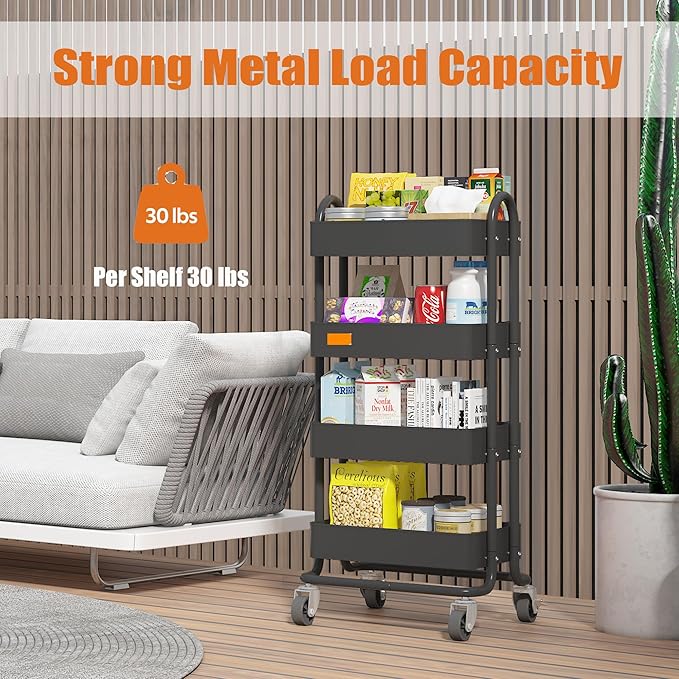 Metal 4-Tier Rolling Cart with Handle,Multifunction 4-Tier Rolling Cart Metal with Wheels,Kitchen Storage Carts Suitable for Office,Home,Kitchen,Garden（13.4"x18.1"x40"） Black