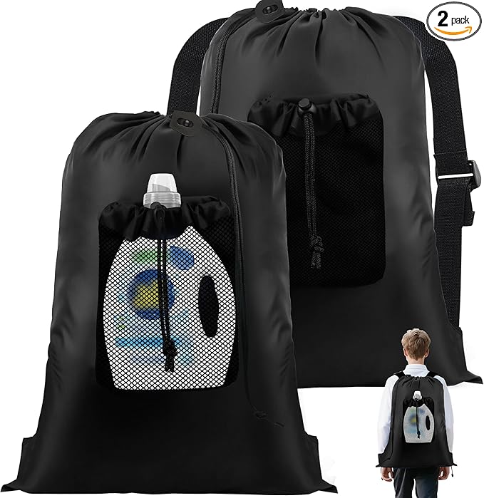 2-Pack Backpack Laundry Bags, Heavy Duty Laundry Bag Backpacks with Adjustable Shoulder Straps, Door Hanging Washing Bag, Laundry Hamper Lining for College Dorm, Travel, Laundromat