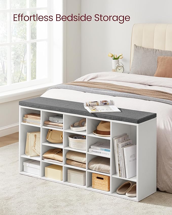 VASAGLE Custos Collection - Shoe Bench, Storage Bench with Padded Seat, Entryway Bench with 20 Compartments, for Bedroom, 12 x 47.2 x 24.7 Inches, Cloud White and Dove Gray