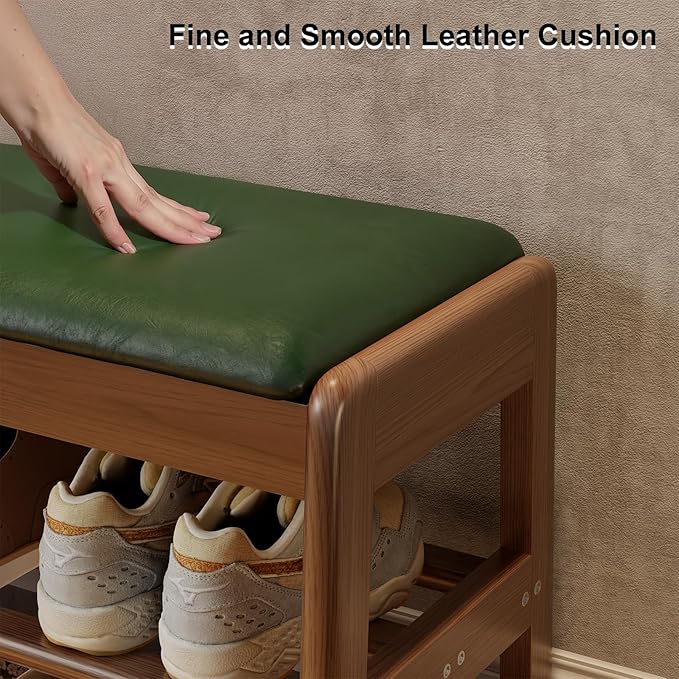 AQIMUELE Shoe Rack Bench,2 Tiers Shoe Bench with Storage with Flip-Top,Wood Shoe Rack for Entryway,Hallway（Green Upholstered Seat）