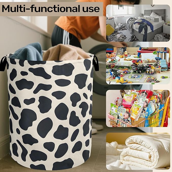 Cow Pattern Laundry Basket with Handles - Extra Large Foldable Hamper for Bathroom/Laundry/Bedroom/Dorm, Washable Fabric Storage Bin