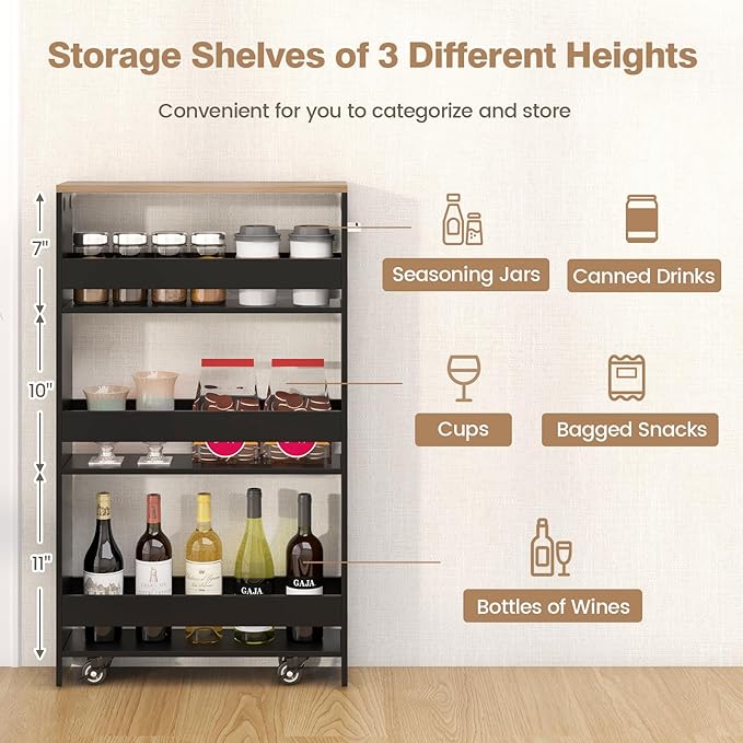 Slim Storage Rolling Cart, 4-Tier Side Out Shelving Unit with Handle, Mobile Organizer Utility Cart on Wheels for Laundry, Bathroom, Office, Kitchen, Narrow Places (Black)