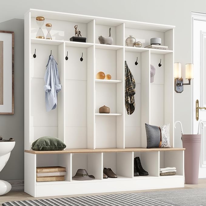 4-in-1 Wide Design Hall Tree with Storage Bench, Minimalist Shoe Cabinet with Cube Storage & Shelves, Multifunctional Coat Rack with 8 Hooks for Entryways Mudroom