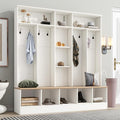 Modern Hall Tree with Storage Bench, Minimalist Shoe Cabinet with Cube Storage & Shelves, Multifunctional Coat Rack with 8 Hooks for Entryways Mudroom Hallway (White + Particle Board-Q13)