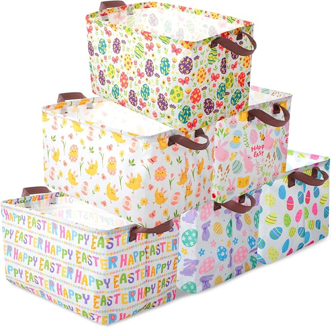 Vesici 6 Pack Large Easter Baskets for Gifts Empty Easter Storage Bins Foldable Bunny Rabbit Eggs Storage Basket Rectangular Canvas Boxes with Handle for Books Clothes