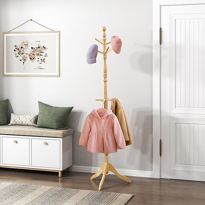 Lexicon Sturdy Solid Wood Coat Rack Stand with 10 Hanging Hooks for Hats,Scarves, Handbags, 3-Tier Wooden Coat Rack Freestanding Tree Used in Bedroom, Entryway, Hallway, Office, Natural