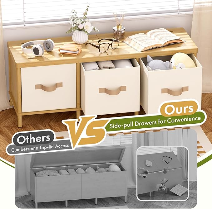 Storage Bench, 43.3" Bamboo Storage Chest with 3 Drawers, Entryway Bench with Cushioned Seat, End of Bed Bench with Storage Toy Box, Toy Chest Storage Bench for Entryway, Living Room, Bedroom