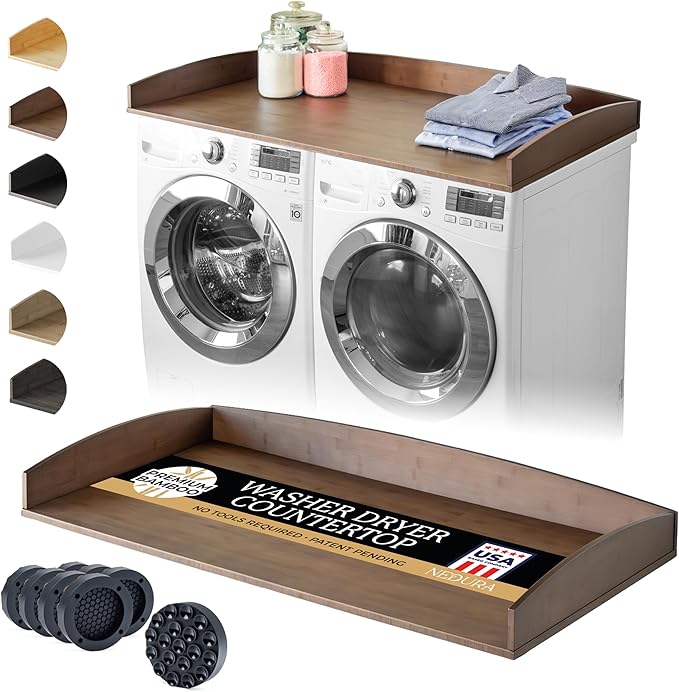 Nedura Washer Dryer Countertop with Anti-Vibration Pads, Curved Edge Rails, Premium Bamboo Laundry Countertop, Washer Dryer Topper, Laundry Room Organization, Laundry Room Accessory – Dark Walnut