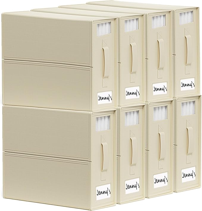 SheetCube Bed Sheet Organizers and Storage 8 Pack, Foldable Linen Closet Organizer with Window and Label, Bedding Folder Storage Box Container for Blanket, Duvet Cover Set, Bed Sheet Set - Beige