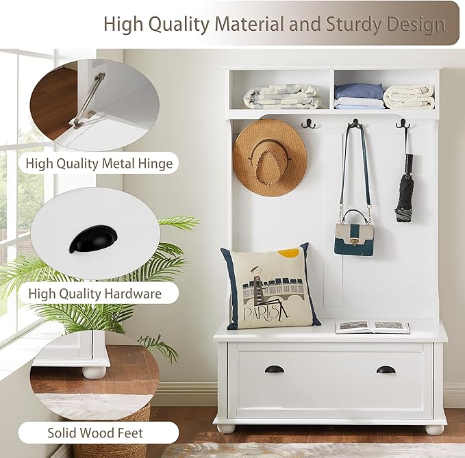 4-in-1 Design Hall Tree Coat Hanger with 4 Hooks and with Two Top Open Storage Shelves, Wood Entryway Coat Rack with Storage Bench for Entrance Hallway (White-3)