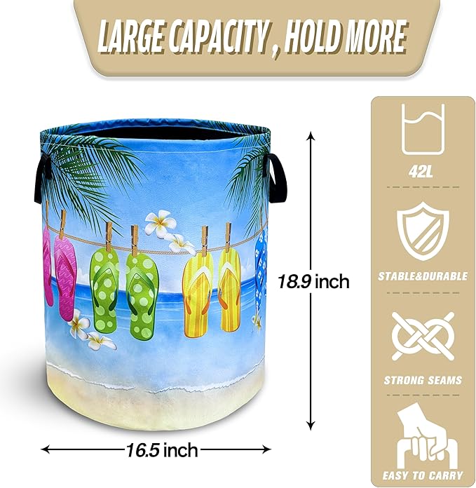Hawaii Beach Flip Flops Laundry Basket Seaside Foldable Oxford Cloth Funny Tote Bag Laundry Hamper Clothes Storage Bucket Toy Organizer For Bathroom/Laundry Storage/Bedroom 18.9x16.5 Inch