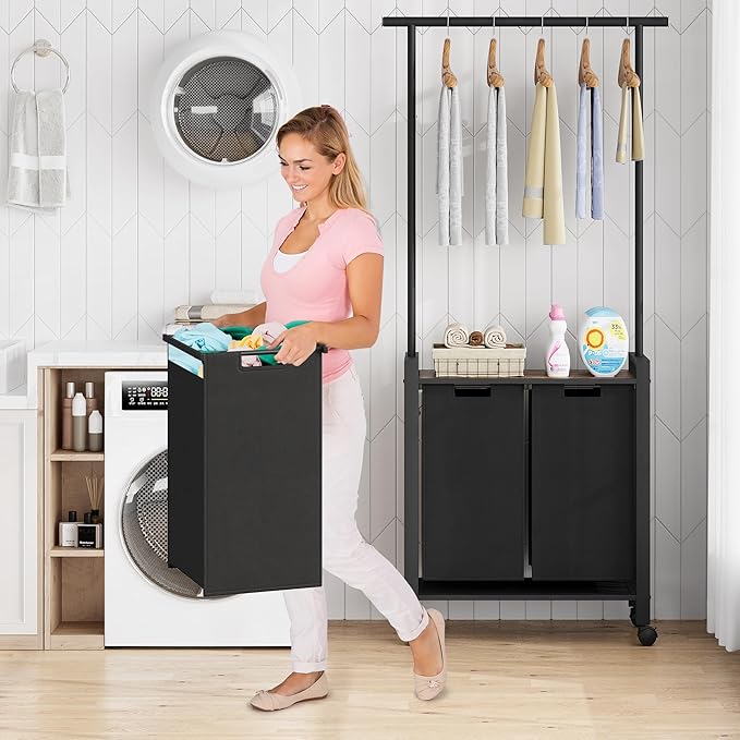 Large Laundry Hamper With Hanging Clothes Rack –2-Section Rolling Laundry Basket With Removable Pull-Out Sorting Bags, Wheeled Organizer for Laundry Room, Bathroom & Bedroom（2 Hampers, black）