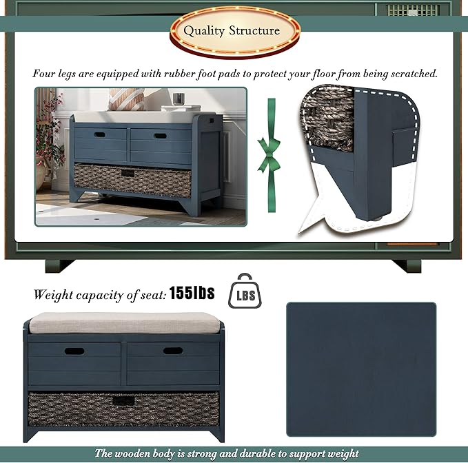 SOFTSEA Upholstered Storage Bench for Entryway, Wood Storage Ottoman with Removable Basket and 2 Drawers, Farmhouse Shoe Bench with Seat Cushion for Entryway, Living Room, Full Assembled, Navy