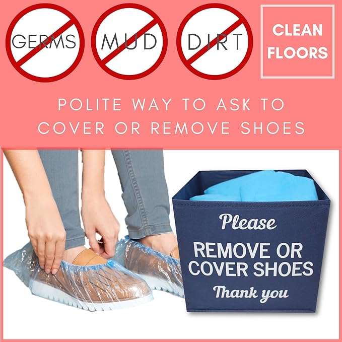 Shoe Covers Box - Real Estate Agent Supplies, Disposable Shoe Bootie Holder For Realtor Listings and Open Houses | Please Cover or Remove Shoes Bin