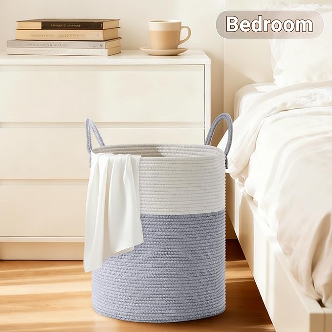 Tall Laundry Basket with Handles, 58L Portable Dirty Clothes Hamper, Boho Cotton Rope Storage Bin for Blankets Kids Toys Gifts, Decorative Organizer for Baby Nursery Bedroom Bathroom, Grey