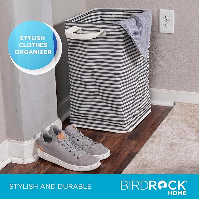 BIRDROCK HOME Laundry Hamper Bin Basket for Clothes, Compact Slim Collapsible Organizer for Dirty Clothes - Ideal for Small Spaces Bedroom, Bathroom, Dorm, Kids Room - 61L, Grey & White Stripes