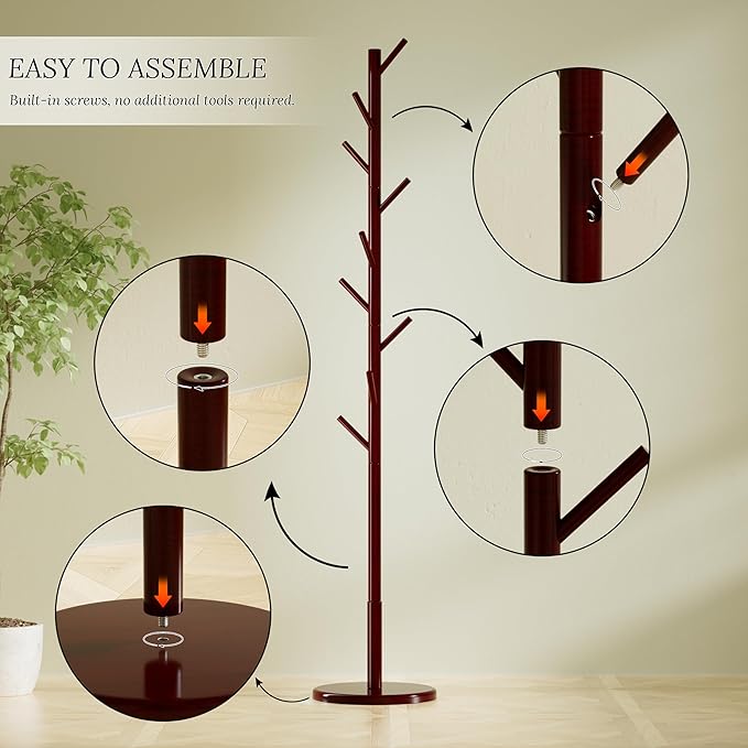 Wooden Freestanding Coat Tree with 4 Height Options and 9 Hooks, Sturdy Coat Rack Stand for Clothes/Bags/Hats, Easy Assemble Save Space Coat Rack for Entryway, Bedroom, Office, Narrow Place (Brown)