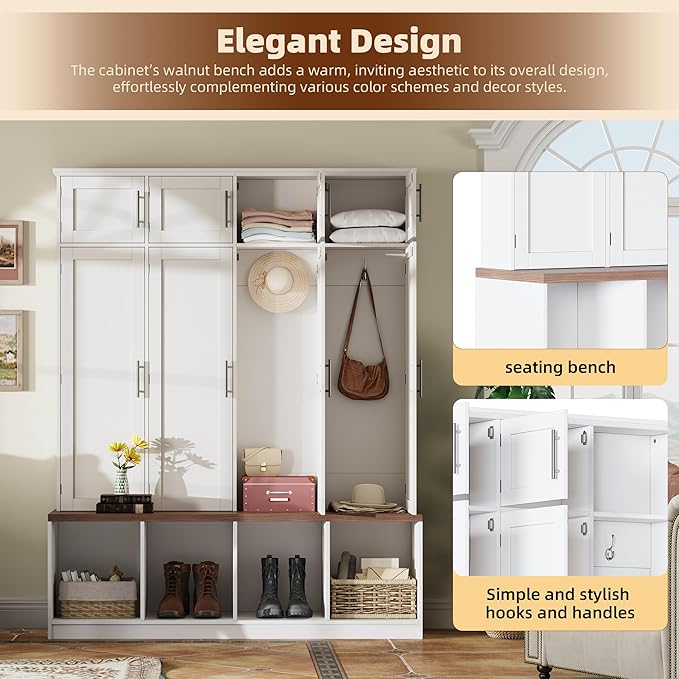 75" H Farmhouse Hall Tree with Storage, Versatile 4-in-1 Coat Hanger with 4 Hidden Hanging Hooks, 8 Doors, Entryway Shoe Cabinet with Open Compartments for Living Room