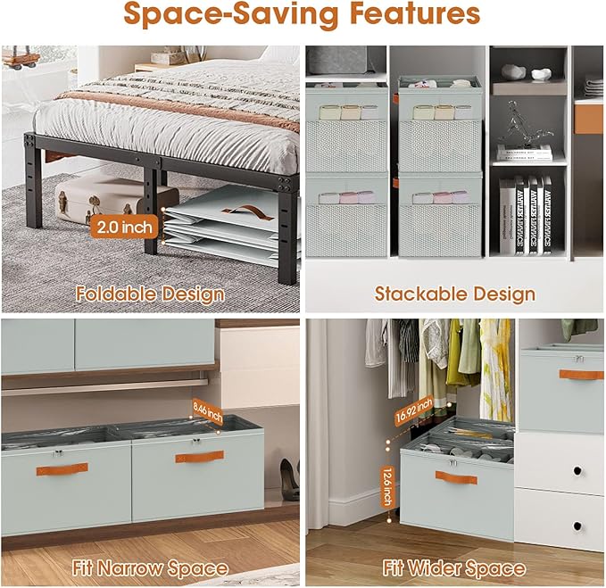 4 Pack Shoe Organizer for Closet,Foldable Shoe Storage Organizer with Adjustable Dividers, Shoe Storage Box with Clear Cover, Fits up to 16 Pairs, Gray