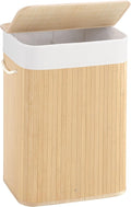 72L Slim Laundry Hamper with Lid, Foldable Bamboo Clothes Laundry Basket with Handles, Removable and Machine Washable Liner, for Bedroom, Bathroom, Dorm, Natural Beige