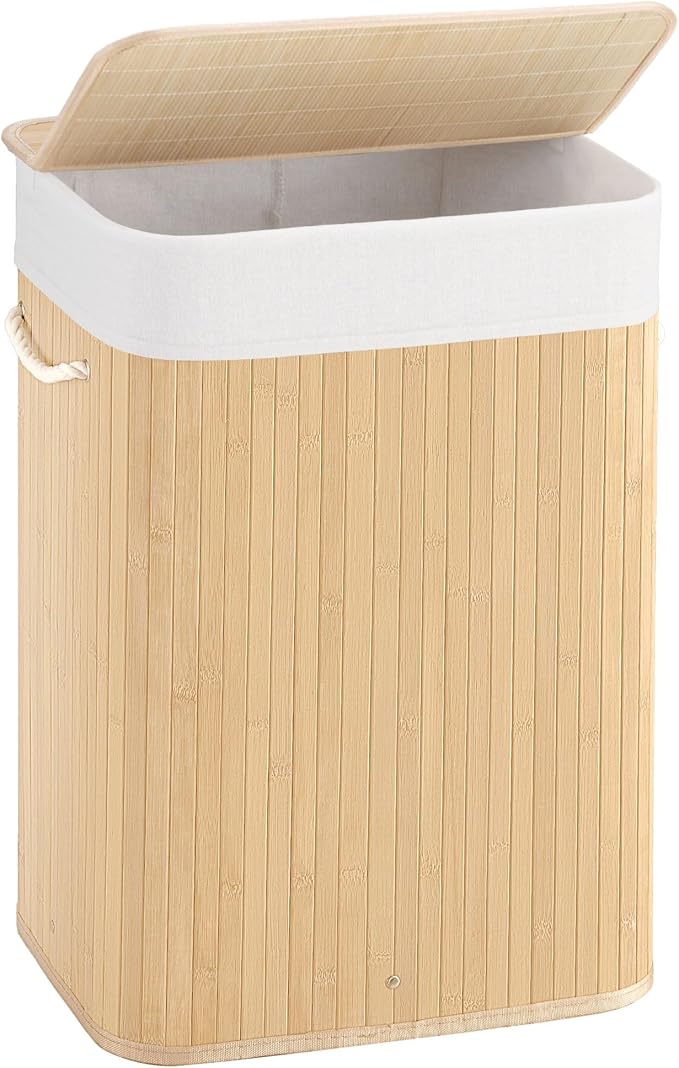 72L Slim Laundry Hamper with Lid, Foldable Bamboo Clothes Laundry Basket with Handles, Removable and Machine Washable Liner, for Bedroom, Bathroom, Dorm, Natural Beige