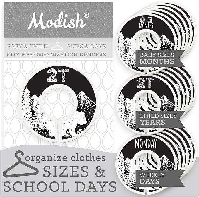 Kids Clothes Closet Organization, Hanging Size Dividers: Months & Years, Baby Toddler Children Girl Boy Neutral Black Woodland Animal Outdoor Mountain Forest Safari Explorer Nursery Room Décor Gift