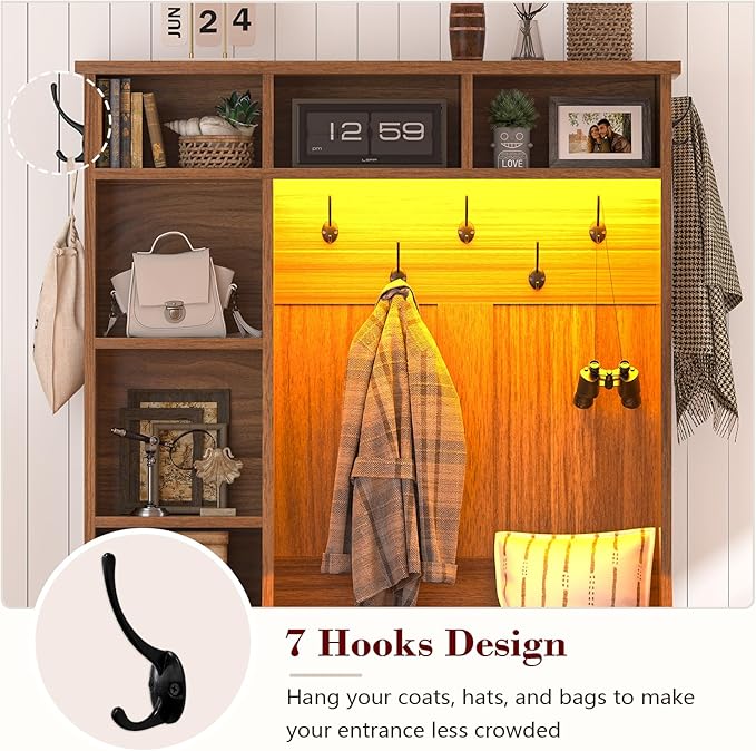 Hall Tree with Bench and Shoe Storage, Farmhouse Entryway Bench with Coat Racks and Led Lights, Tall Hall Tree with 7 Coat Hooks, 6 Storage Cubbies, Adjustable Shelf