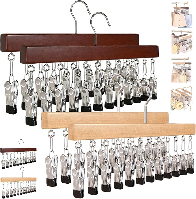 2026 New Closet Organizer with 10 Clips - Space Saving Hanging Closet Organizer, 12 Clips, Closet Organizers and Storage, 360° Rotating, for Jeans, Hats, Shorts, Socks (（Brown+Nature）*4)