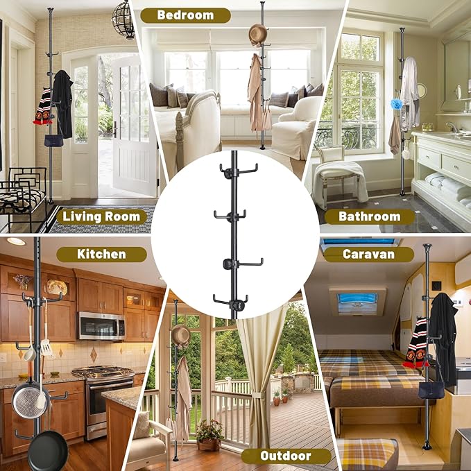 Coat Rack Freestanding,Adjustable 56-125 inch Tension Rod Coat Tree 12 Hooks Hanger Stand for Coat Hat Bedroom Livingroom Kitchen Bathroom Apartment Entryway Hall Office Black