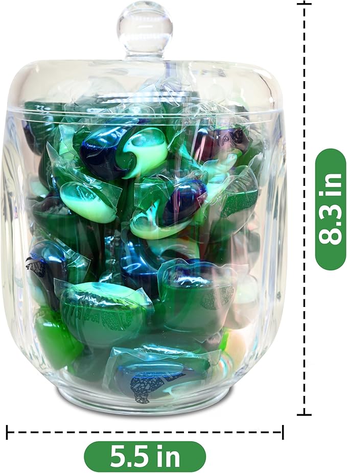 TidyFriend Clear Pod Container for Laundry Room, Glass Laundry Jar with Lid for Storing Detergent, Organizing Dishwasher Pods and Washing Area (Clear Acrylic Jar)